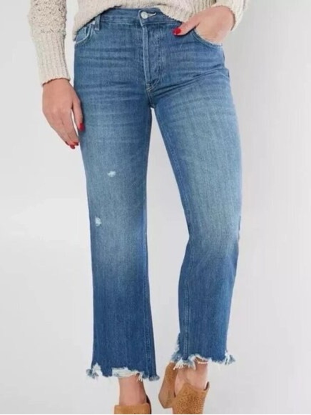 We The Free Women’s Maggie Mid Rise Baggy Straight Leg Chewed Hem Jeans Sz 29